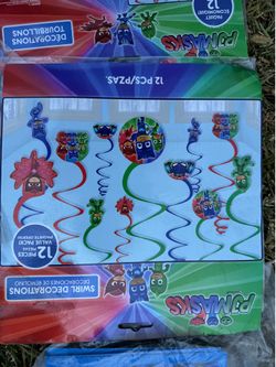 7 PJ Masks Swirl Decorations Value Pack (12 Pieces) & 3 PJ MASKS CONFETTI VALUE PACK (3 types) ~ Birthday Party Supplies Foil Decoration