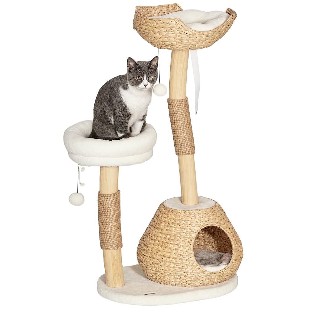 Cat Tree for Indoor Cats, 41" Wooden Kitten Tower with 2 Real Branch Scratching Posts, Luxury Condo, Beds & Toby Balls, Kitten Activity Center & Cat F