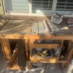 Large Wooden Rolling Table With Built In Table Saw 