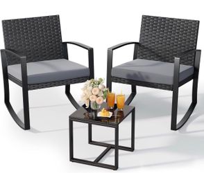 3 Pieces Patio Furniture Set Rocking Bistro Set Outdoor Rattan Conversation with Coffee Table for Garden Balcony Backyard Poolside (Grey Cushion)