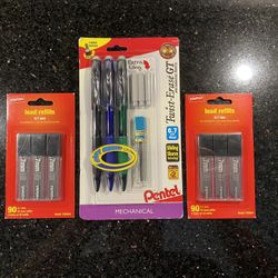 Pentel #2 Mechanical Pencils (0.7mm) with Lead & Erasers AND 2 Packs 0.7mm Leads