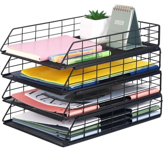 New 4 Pack Stackable Letter Tray Paper Organizer, Metal Desk Organizer Tray for Letter/A4 Paper Storage, Suitable for Office, School, Home, Black