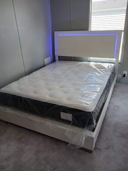 White Platform Bed Frame with LED Headboard