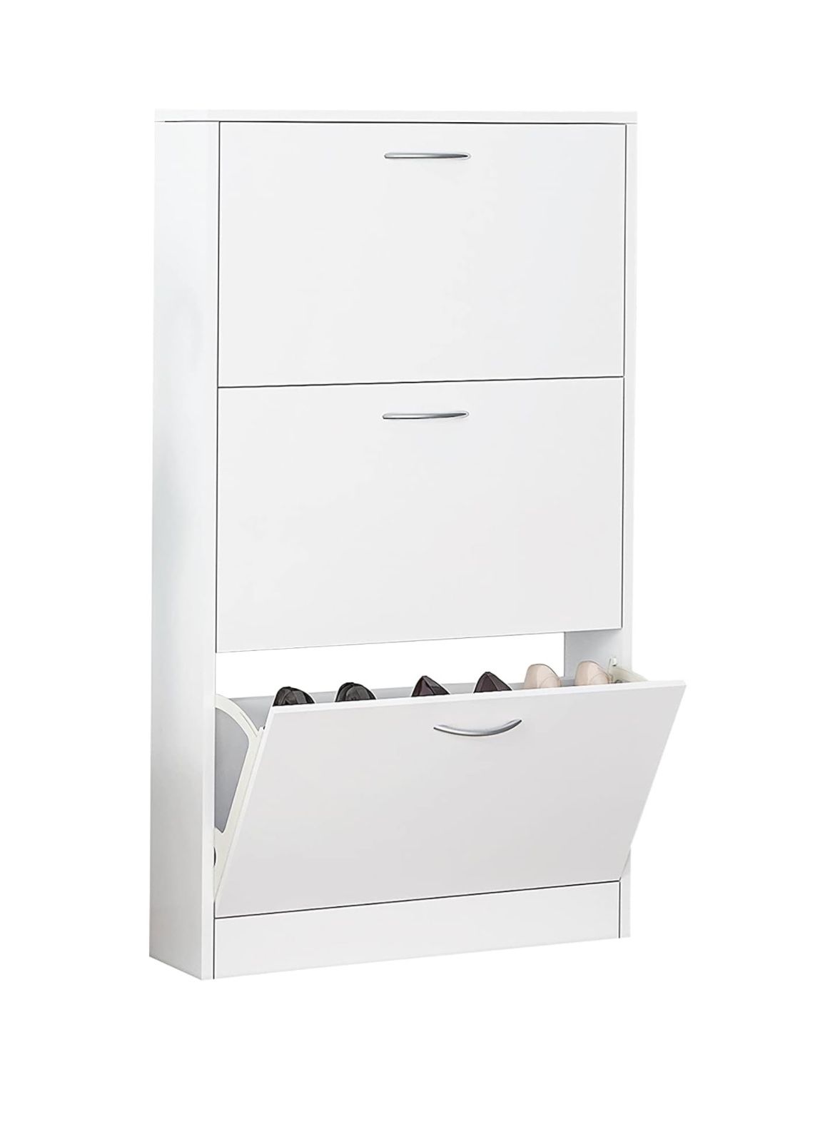 White Narrow Shoe Storage Cabinet - 3-Tier Freestanding Shoe Rack - 3 Flip Drawers Entryway Cupboard Organizer