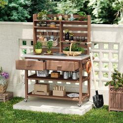 K&K 64.9"H Outdoor Potting Bench Table with Lockable Wheels, Solid Wood Outdoor Kitchen Island with Upper Hutch, Stainless Steel Top, Towel Rack ,Outd