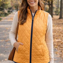 Talbots Women Quilted Vest Yellow Gold Lightweight Fall Jacket L