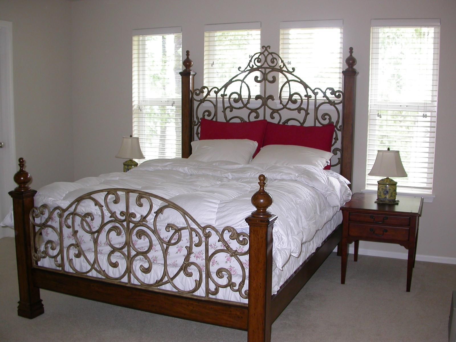Ornate Queen Bed Frame - Solid Wood & Wrought Iron Scrollwork - Excellent Condition