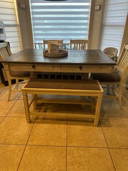 Farmhouse Dining Table Set with Bench and 4 Chairs
