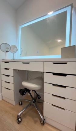 White Vanity Desk with LED Mirror and Drawers