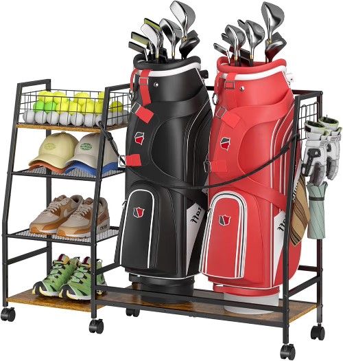 Golf Bag Storage Rack for Garage with Wheels, Organizer for Golf Bag and Equipment Accessories, Golf Organizer Stand Ideal for Home, Garage, Club, She