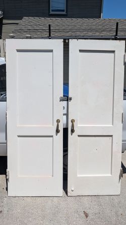 Vintage 30" double door set solid wood Antique redwood? 1920s doors pair 30" 5' total width 60" extra tall 84" h shaker panel 2-6