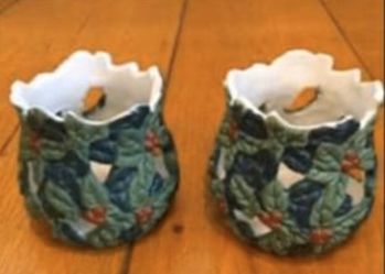 Set of 2 Votive Candle Holders Green Holly Red Berries 2-3/4" Height