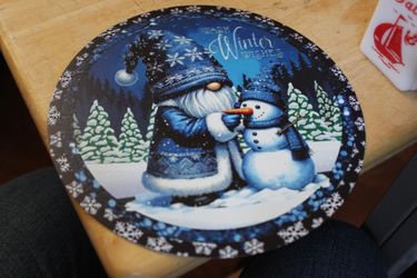 8" Round Blue Gnome and Snowman "Winter WIshes" Aluminum Sign