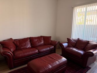Burgundy Leather Sofa, Oversized Armchair & Ottoman – 3-Piece Set