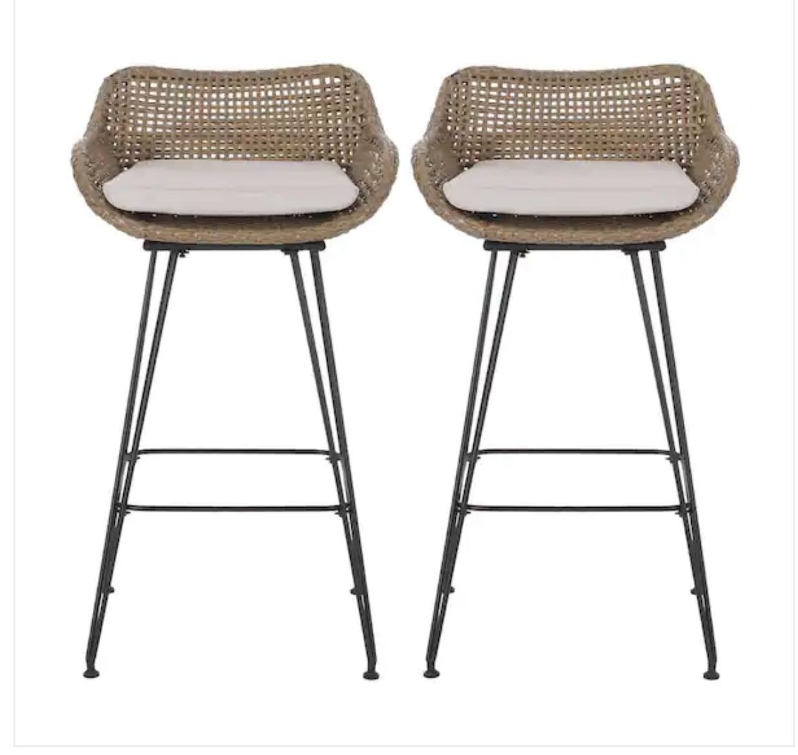 Verano Light Brown Wicker Outdoor Bar Stool with Beige Cushion (2-Pack)