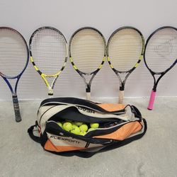 5 Tennis Rackets a Big Bag and some balls.