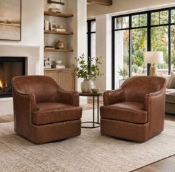Dark Brown Genuine Leather Nailhead Swivel Club Chairs – Set of 2
