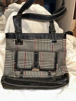 Chaps Plaid Houndstooth Black Red White Shoulder Bag Purse Double Straps Hand