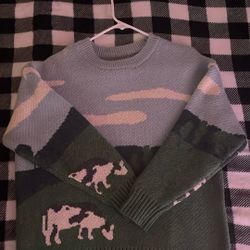 Embroidered Vintage Cow Rounded Collar Sweater 