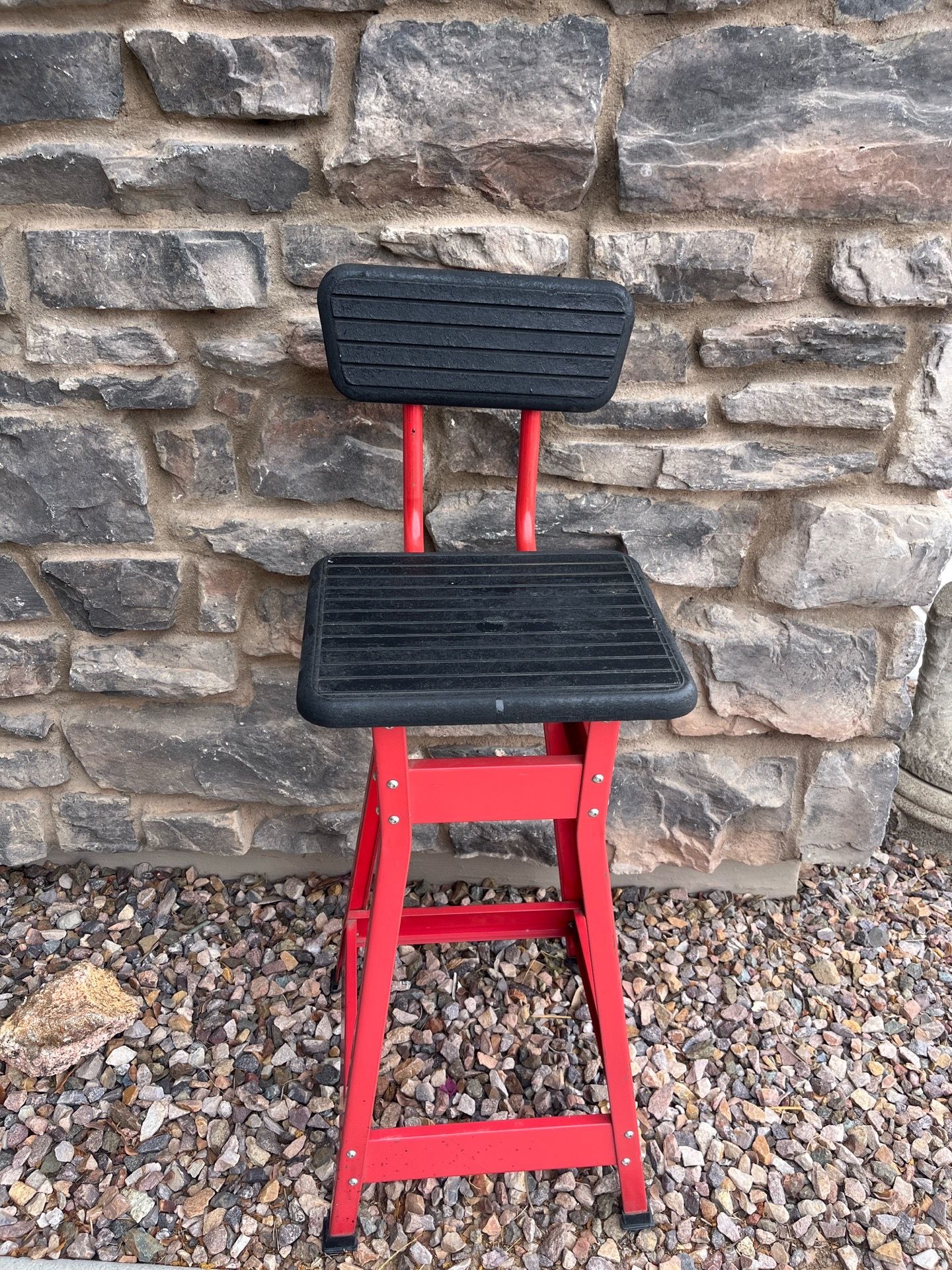 Red Metal Shop Stool with Back Rest