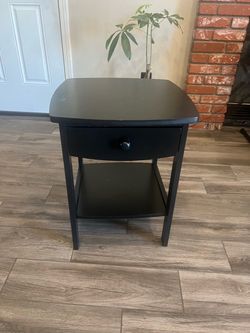 Black Wood Nightstand with Drawer and Shelf