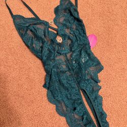 New Medium Teal Lace Heart Stretchy Bodysuit Lingerie Outfit 