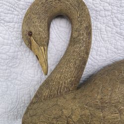 Vintage 1986 Carved Pecan Wood, Resin Swan. Artist Signed 