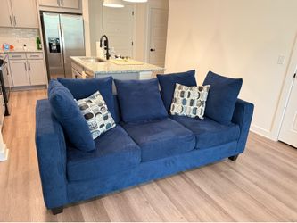 Blue Velvet 3-Seat Sofa with Throw Pillows