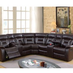 3 pc dark brown two tone gel leatherette sectional sofa with consoles and recliners