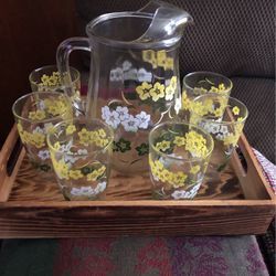 Antique Glass Pitcher& 6 Glasses, Great For Partys,Picnic, Get Togethers