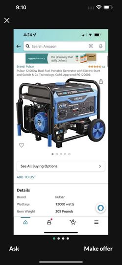 Pulsar 12,0000 W Dual Fuel Portable Generator With Electric Start And Switch & Go Technology , Carb Approved PG12000B