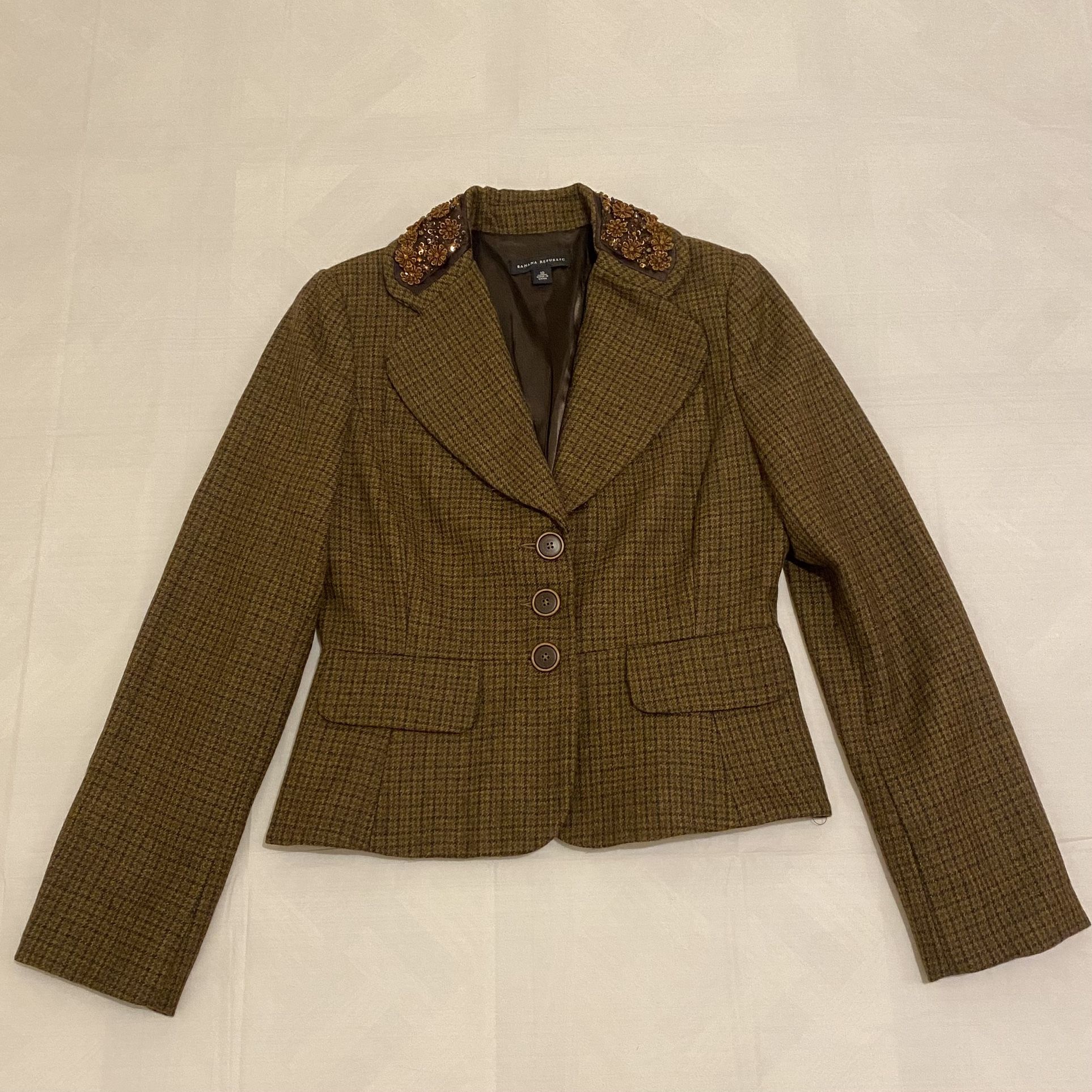 Banana Republic Brown Wool Houndstooth Sequin Beads Blazer Jacket Size 10(M)
