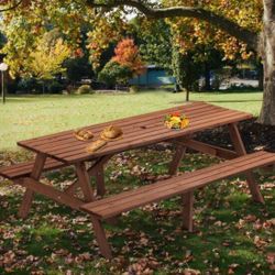 New 8-Person Outdoor 75” Rectangular Wooden Picnic Table w/ 2 Built-in Benche