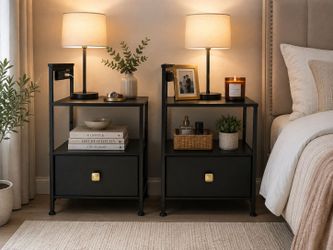 Black Nightstand Set 2 with Charger, 3 Tier Storage End Table
USB Ports, Durable All Wooden Night Stand for Small, Drawer and Shelf, Durable Bedside T