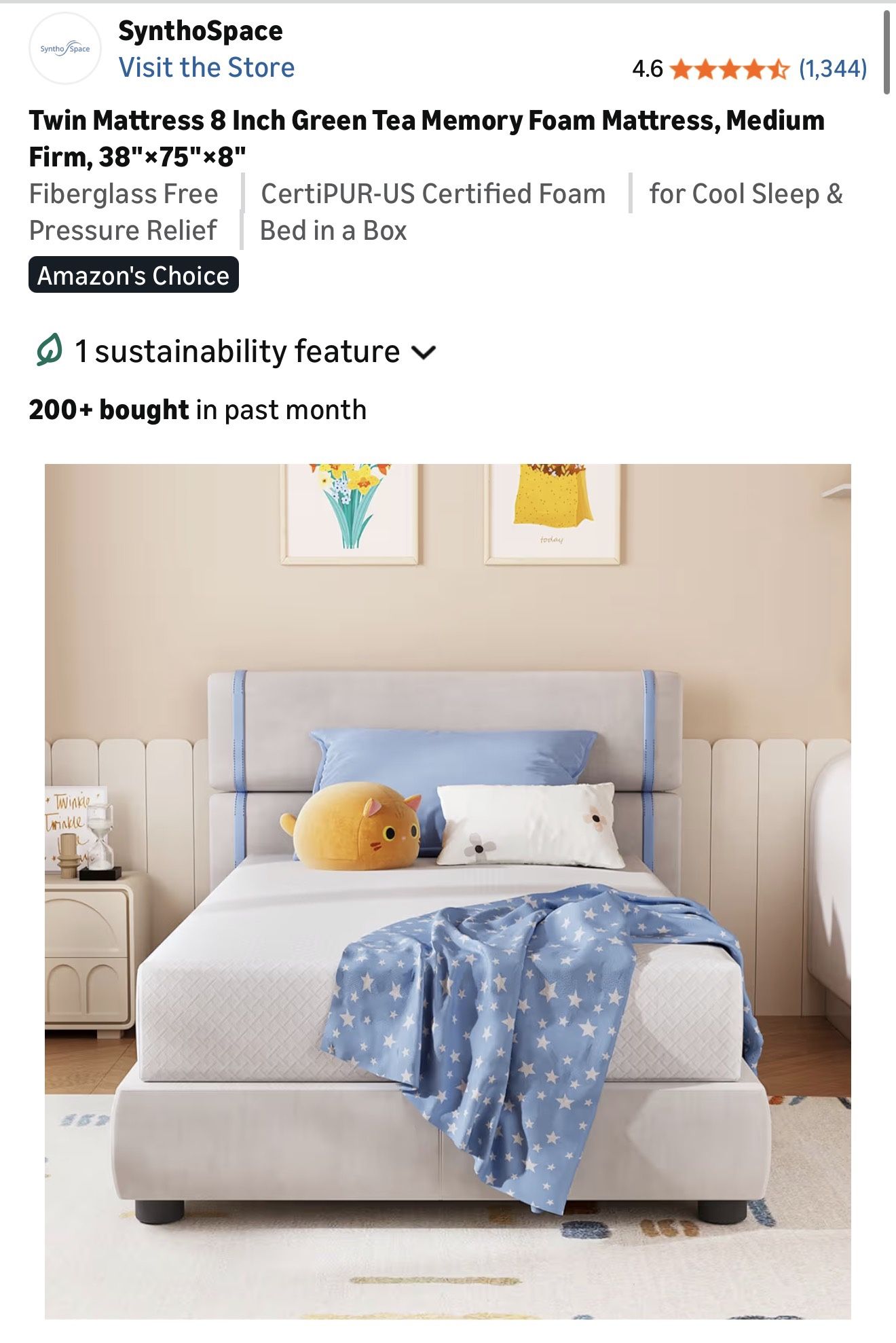 Twin Mattress 8 Inch Green Tea Memory Foam Mattress, Medium Firm, 38"×75"×8"