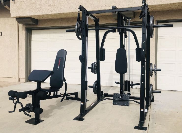 Fully Assembled Smith Machine, Bench Press, Squat Rack W/ Weights, Bench