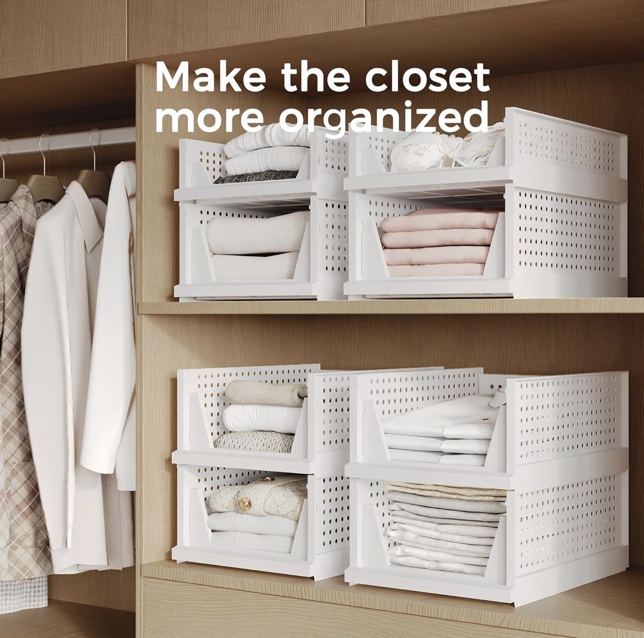 4 Pcs Stackable Plastic Storage Basket, Foldable Closet Organizers - White