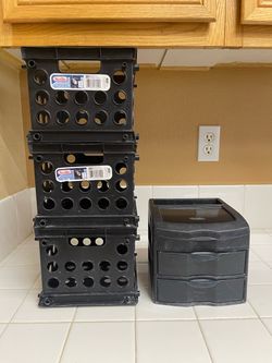 Sterilite Black Plastic Storage Crates Set of 3 and Mini 2-Drawers