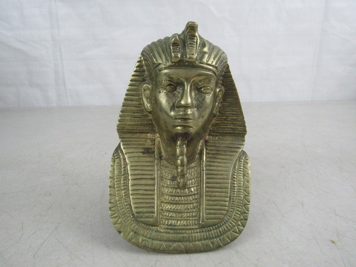 King Tut Egyptian Pharaoh Bust Solid Brass Paperweight 5" Tall 2 Lbs.