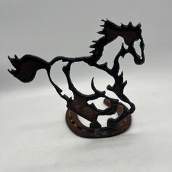 Metal Horse Sculpture on Horseshoe Base