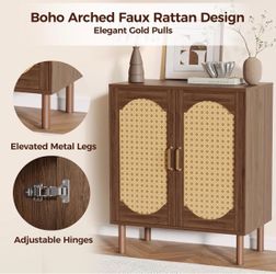 Boho Faux Rattan Accent Cabinet with Gold Pulls