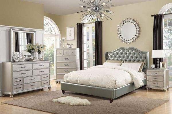 GLAM SILVER 4 PIECE BEDROOM SET QUEEN SIZE BED NIGHT STAND MIRROR DRESSER