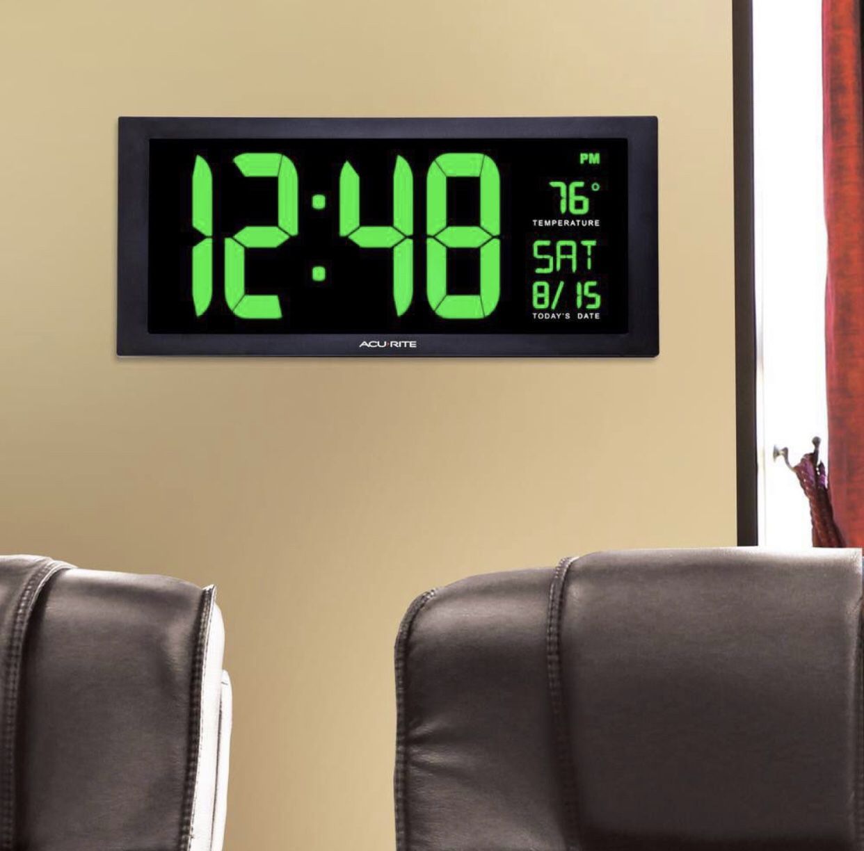 AcuRite Large LED Clock with Indoor Temperature in Green Display