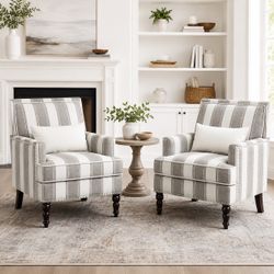Modern Gray & White Striped Accent Armchair | 25.6” W | Nailhead Trim | Lumbar Pillow Included