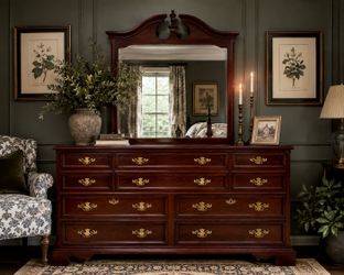 Vintage Bassett Furniture Eden House Collection, Solid Cherry Triple Dresser with Matching Mirror