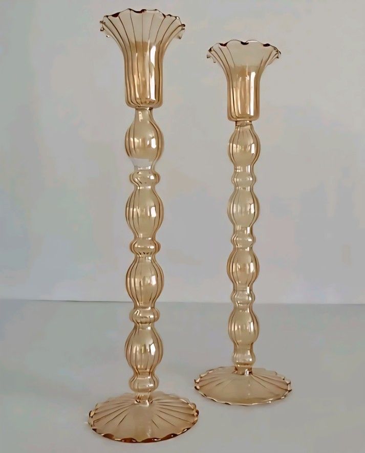 Anthropologie Modern Mouth Blown Borosilicate Glass Candlesticks 11in 2.7oz Ea.