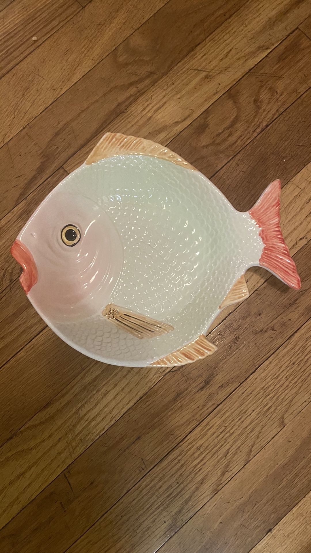 Vintage Hand Painted Pottery Fish Shaped Serving Plate Dish Portugal 10"