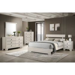 Queen Bedroom Set: Queen Bed Frame, Night Stand, Dresser, Mirror.