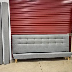 King Size Grey Tufted Platform Bed Frame Wooden Legs