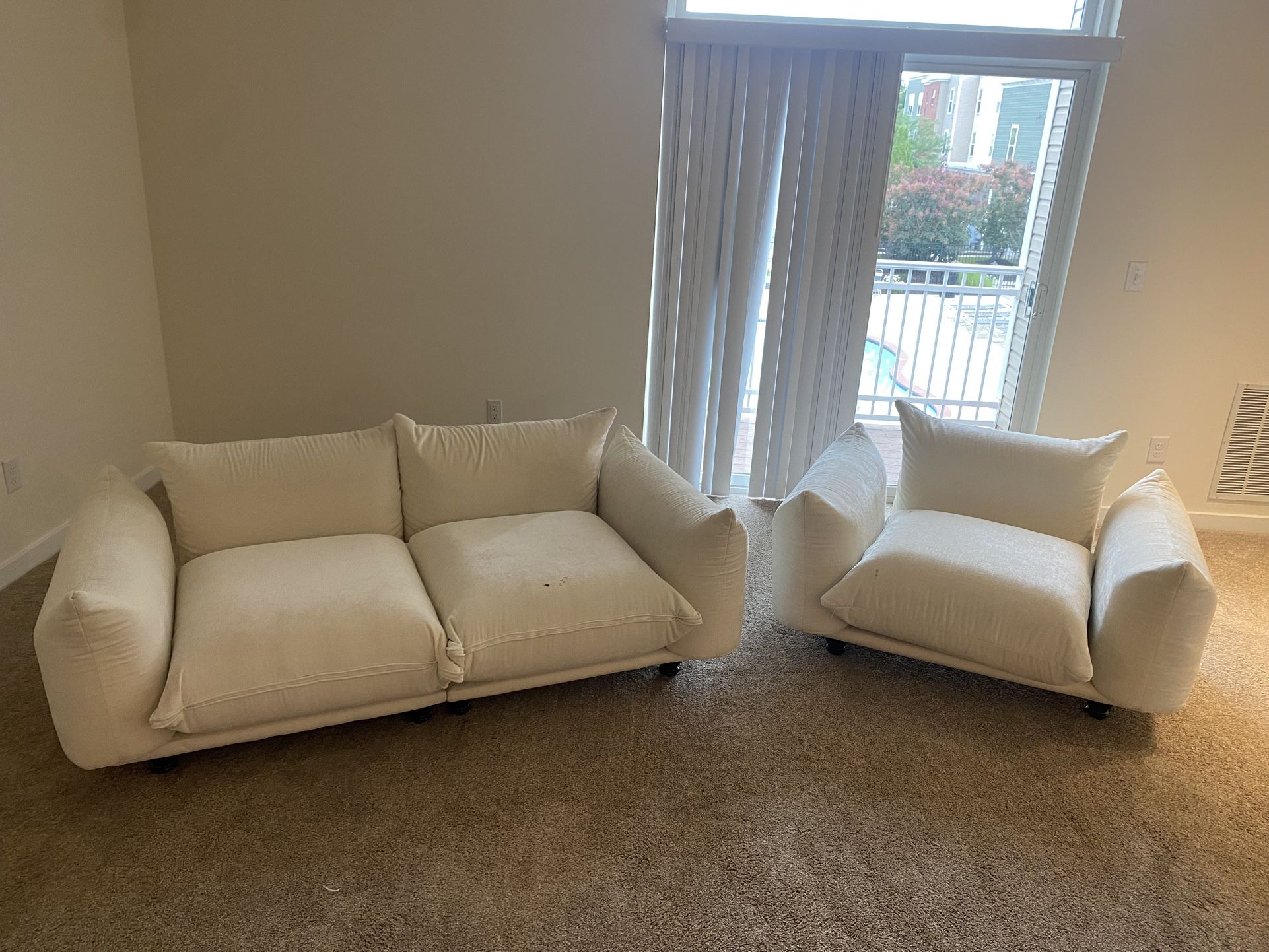 White Chenille Loveseat & Accent Chair